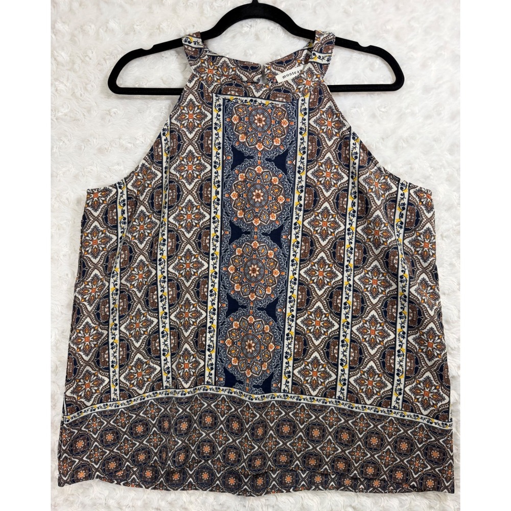 Monteau Los Angeles Women Size XL Navy Orange Boho Tile Print Halter Blouse